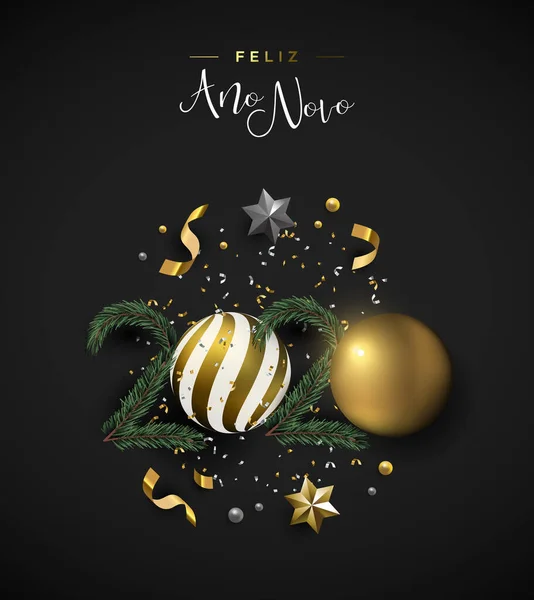 Feliz Año Nuevo 2020 tarjeta portuguesa ornamento de oro — Vector de stock