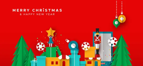 Noël et nouvelle carte de l'année de la ville jouet en papier — Image vectorielle
