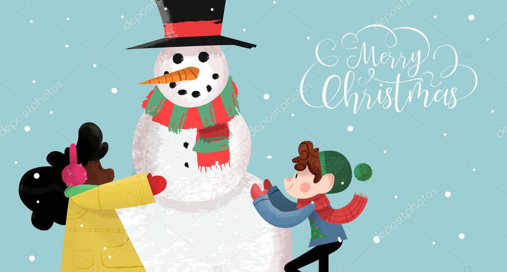 Christmas card of happy children making snowman