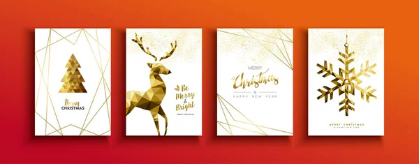 Christmas and new year gold low poly deer card set — Stock Vector