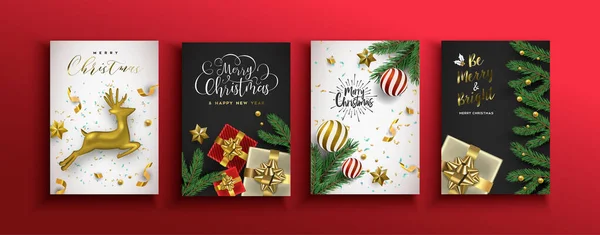 Conjunto de tarjetas de Navidad año nuevo de adornos de oro 3d — Archivo Imágenes Vectoriales