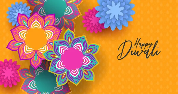 Feliz diwali indiana festival papercut cartão de flor —  Vetores de Stock