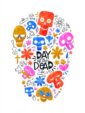 Ölü renkli Meksika kafatası şekilli ikonların olduğu gün.