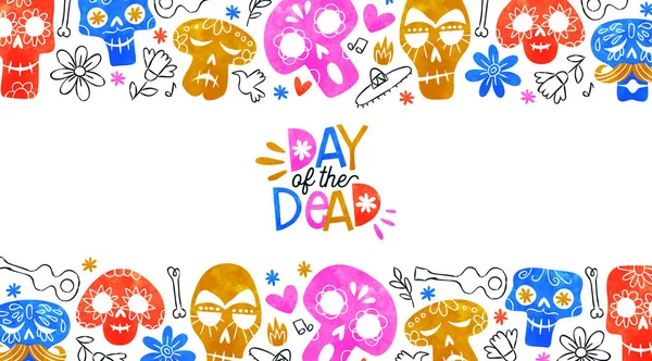 El día de la tarjeta muerta multicolor acuarela cráneo arte — Vector de stock