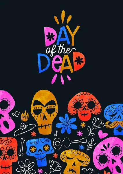 Dia de cartão morto bonito aquarela crânio desenhos animados —  Vetores de Stock