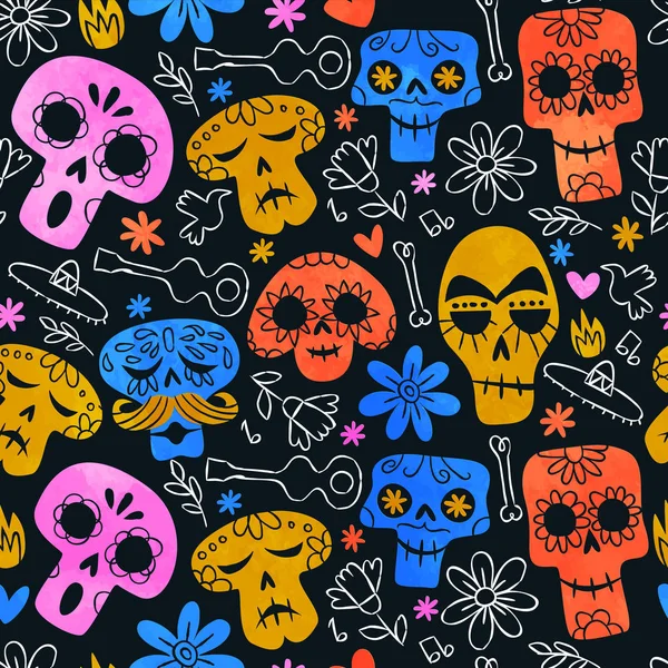 Divertido patrón de fondo de dibujos animados de cráneo mexicano — Vector de stock