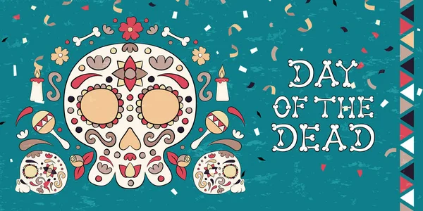 El día del cráneo muerto y la tarjeta de decoración de flores — Vector de stock