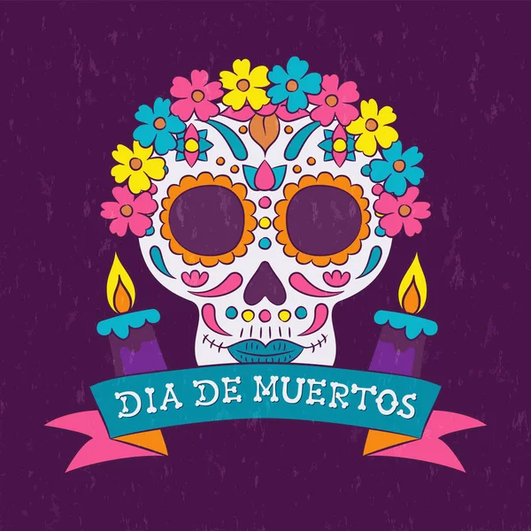 Jour des morts mexicaine fleur crâne bougie carte — Image vectorielle