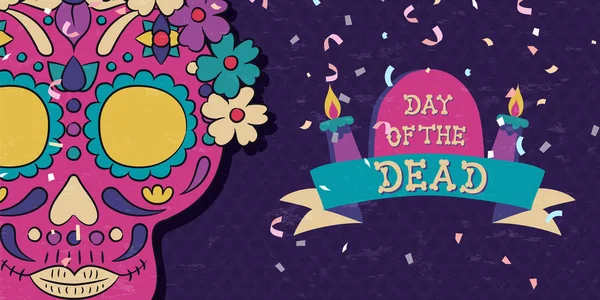 Den mrtvých mexických květin lebka svíčka prapor — Stockový vektor