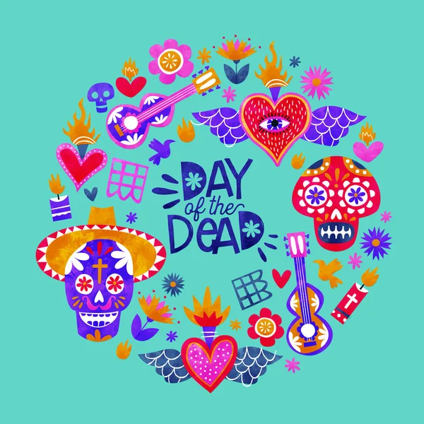 死んだメキシコの砂糖の頭蓋骨のアイコンカードの日 — ストックベクタ