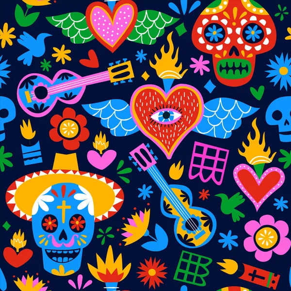 Día del patrón de fondo de dibujos animados mexicanos muertos — Vector de stock