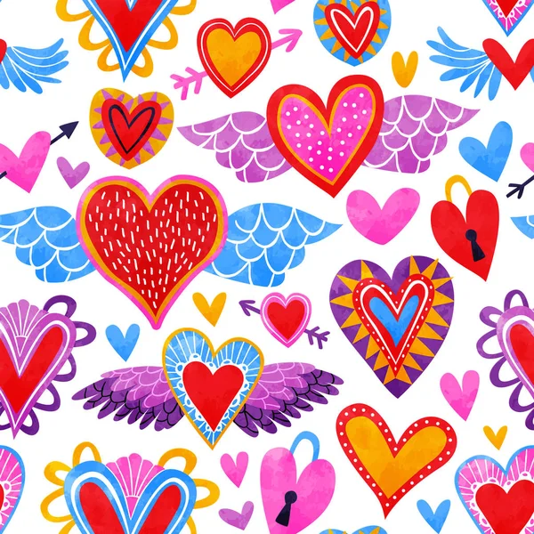 Υδατογραφία καρδιά αδιάλειπτη μοτίβο για την έννοια της αγάπης — Διανυσματικό Αρχείο