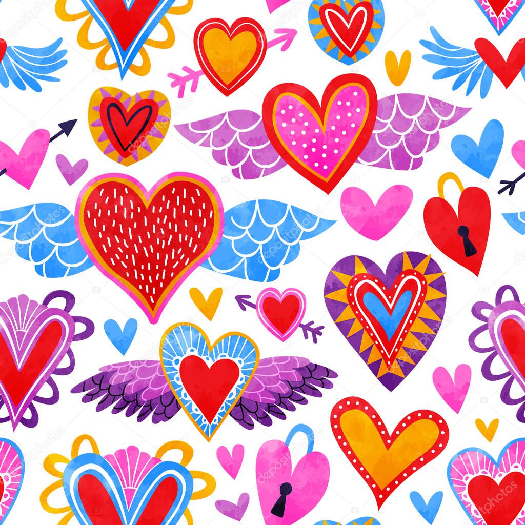 Watercolor heart seamless pattern for love concept