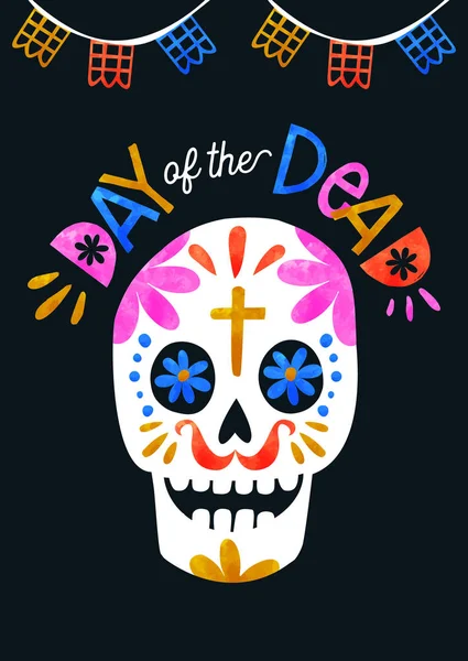 Day of the dead colorful sugar skull greeting card — Stock Vector