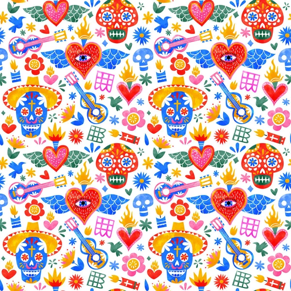 Day of the dead mexican icons seamless pattern — Stock Vector