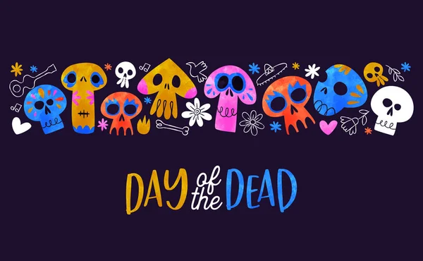 Dia de cartão morto bonito aquarela crânio desenhos animados — Vetor de Stock