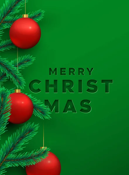 Joyeux Noël carte 3d pin et boule rouge — Image vectorielle