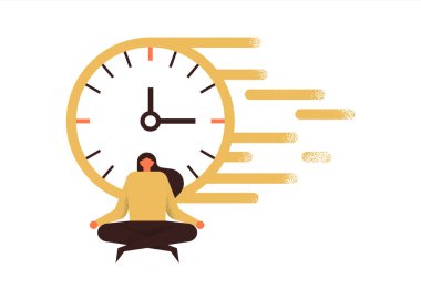 Yoga egzersiz konsepti, hızlı saati olan bir kadının modern düz çizimi ya da izole edilmiş beyaz arka planda dinlenme süresi.