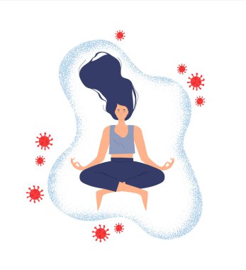 Coronavirus hastalığıyla savaşmak için yoga meditasyonu yapan kadın, alternatif tıp konsepti veya tecrit edilmiş arka planda zihin gücü koruması.