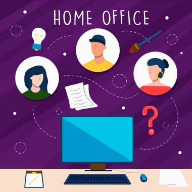 Çevrimiçi iş için ev ofisinin düz çizgi film çizimi ya da karantina zamanlarında iş ekibi toplantısı. Bağlı kişilerle bilgisayar masası çalışma yeri.