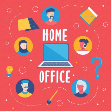 Çevrimiçi iş için ev ofisinin düz çizgi film çizimi ya da karantina zamanlarında iş ekibi toplantısı. Ev işyerindeki dizüstü bilgisayarda çeşitli insanlarla.