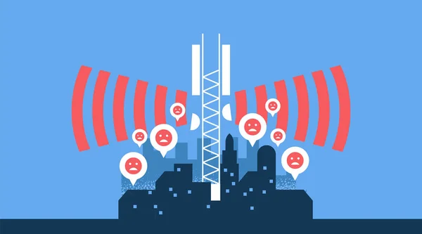 Negative Auswirkungen Von Mobilfunk Datenturmwellen Auf Die Stadt Mit Wütenden — Stockvektor