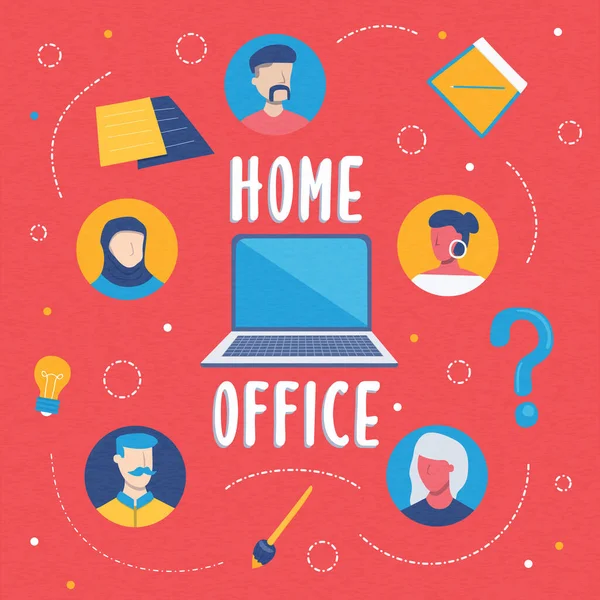 Çevrimiçi iş için ev ofisinin düz çizgi film çizimi ya da karantina zamanlarında iş ekibi toplantısı. Ev işyerindeki dizüstü bilgisayarda çeşitli insanlarla.