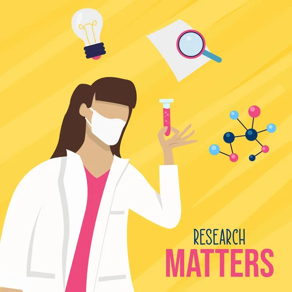 研究内容医療プロジェクトや科学分析に従事する実験装置を持つイラスト 科学者の女性 医療従事者の重要性 ワクチン治療の研究資金 — ストックベクタ