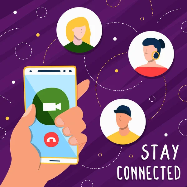 Rimani Connesso Illustrazione Persone Che Tengono Mano Smartphone Connessione Social — Vettoriale Stock