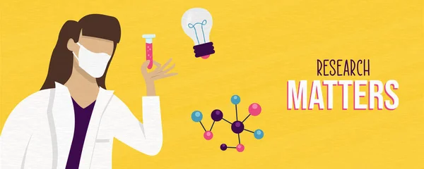 Research Matters Illustration Bannière Scientifique Femme Avec Matériel Laboratoire Travaillant — Image vectorielle