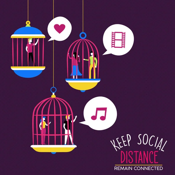 Behåll Social Distans Illustration Säkerhetsåtgärd Koncept Instängda Människor Fågelbur För — Stock vektor