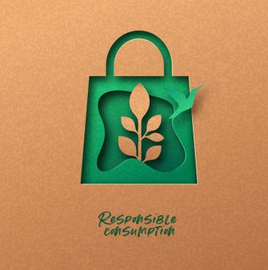 Responsible consumption papercut illustration with green shopping bag icon, bird and plant leaf. Eco-friendly business, 3d cutout concept in recycled paper for environmentally conscious buying. clipart