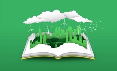 Yeşil şehir çevresinin ağaçlarla, rüzgar değirmeniyle ve güneş paneliyle kesilmiş üç boyutlu kağıt üzerinde açık bir kitabı. Çevre dostu kampanya ya da doğa eğitimi konsepti için temiz enerji kasabası kağıt kesimi illüstrasyonu.
