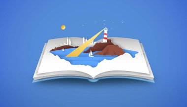 Açık sahil manzarası kitabı. Kağıt kesim stili. Deniz feneri, tekne ve sahil kasabası. Yaz mevsimi deniz manzarası, turizm veya tatil seyahati konsepti için 3D kağıt kesimi.
