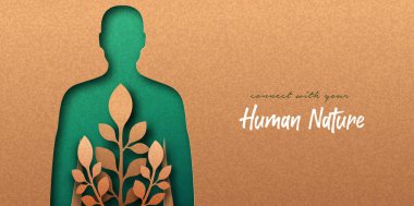 İçinde bitki yaprağı büyüyen yeşil adam kağıt kesiği illüstrasyonu. Çevre dostu insanlar yaşam tarzı, doğa bağlantısı veya doğal tıp konsepti. Geri dönüştürülmüş kağıt arkaplanda 3d kesme.