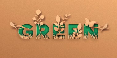 Bitki yaprağı ve vahşi hayvanlarla yapılan yeşil alıntıdan alıntı. Çevre dostu metin etiketi, çevre yardım kavramı. Ekoloji kampanyası için geri dönüştürülmüş kağıt arkaplanda 3d kesme.