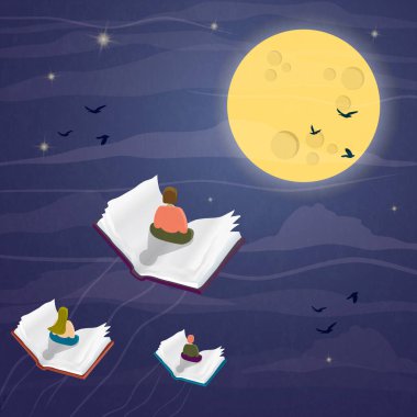 İnsanlar açık bir kitap üzerinde oturup hayal dünyasını okumak için ay ve kuşlarla birlikte gece rüyalarında uçuyorlar. Yaratıcı ders kitabı veya kurgu romanı, boş zaman aktivite illüstrasyonu. 