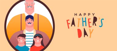 Babalar Günü 'nüz kutlu olsun. Babanızın küçük oğlu, kızı ve büyükbabası gülümserken çekilmiş resmi. Özel babalar için aile portresi. Tatil etkinliği..