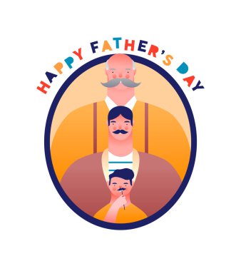 Babalar Günü 'nüz kutlu olsun. Komik baba, küçük oğlan ve büyük bıyıklı büyükbaba. Özel babalar için aile portresi. Tatil etkinliği..