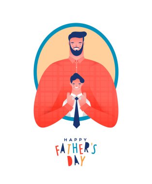 Babalar Günün kutlu olsun, komik baba çocuk kravatını modern düz çizgi film tarzında düzeltiyor. Baba ve çocuk özel aile tatili için birlikte..