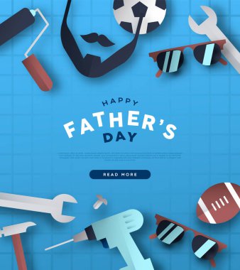 Üç boyutlu kağıt kesim ikonu desenli Babalar Günü web şablonunuz kutlu olsun. Bıyık sakalı, spor topları ve özel aile bayramı kutlaması için aletler ya da baba hediyesi içerir..