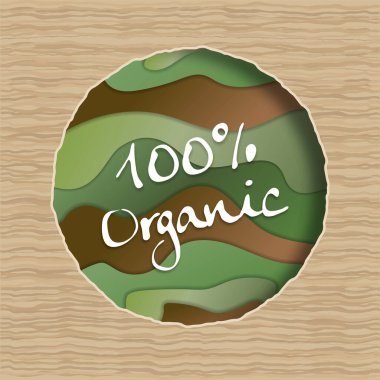 % 100 Organik Çember etiketli, yeşil kağıtlı, ahşap kaplama. Restoran ya da ekoloji pazarı için vejetaryen ürün etiketi kavramı.