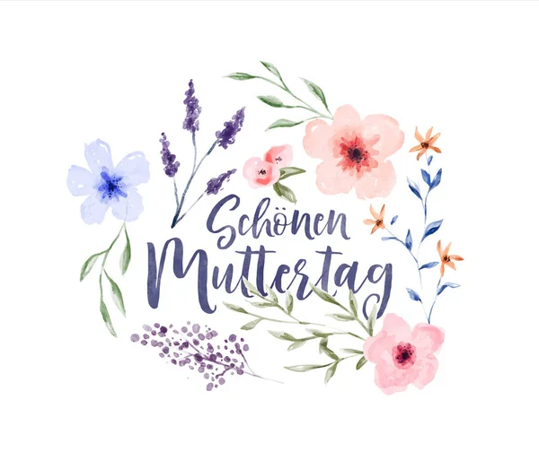 ドイツ語で翻訳されたカラフルな水彩春の花の装飾と幸せな母の日の挨拶カードタイポグラフィ引用 — ストックベクタ