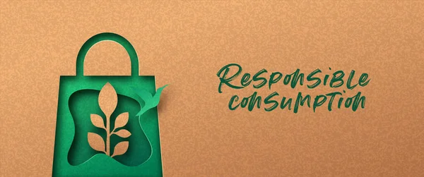 Responsible Consumption Papercut Banner Green Shopping Bag Icon Bird Plant — Stock Vector
