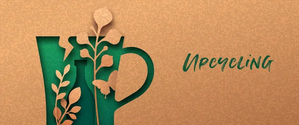 Upcycle Papierschnitt Banner Mit Pflanzenblatt Und Schmetterling Kaputten Objekten Umweltfreundliches — Stockvektor