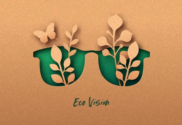 Eco Visie Papercut Illustratie Met Moderne Zonnebril Vlinder Plantenblad Groeien — Stockvector