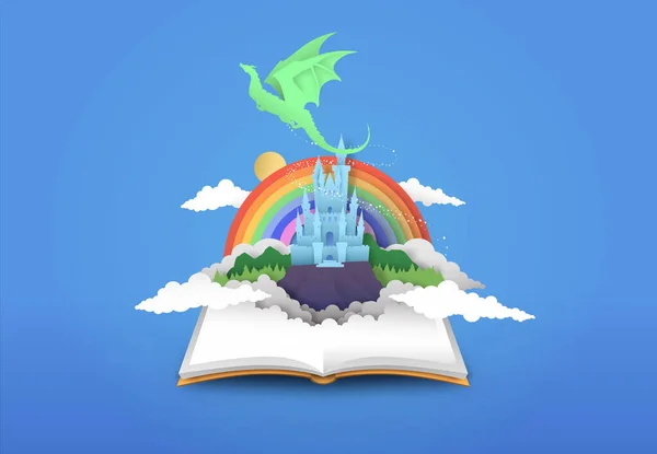 Open Book Fantasy Fairy Tale Magic Kingdom Paper Cut Style — Stock Vector