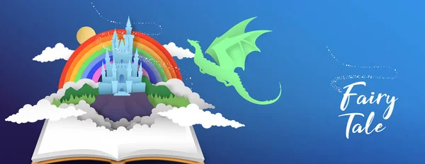 龍と虹の空と紙のカットスタイルでファンタジーおとぎ話魔法の王国のオープンブック 中世の土地の子供の物語 ブックフェアイベントや子供の教育の概念のための3D紙切りイラスト — ストックベクタ
