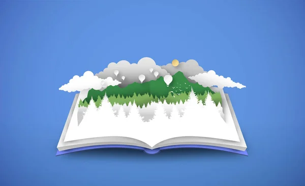Offenes Buch Der Natur Kiefernwald Landschaft Papierschnitt Stil Mit Berg — Stockvektor