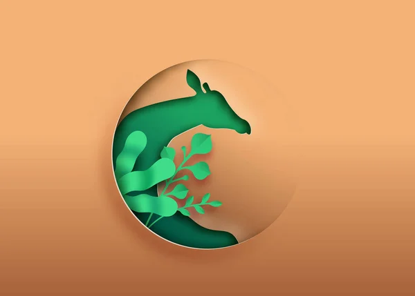 Giraffpapper Skära Illustration Med Gröna Växtblad Cirkel Form Utskuren För — Stock vektor
